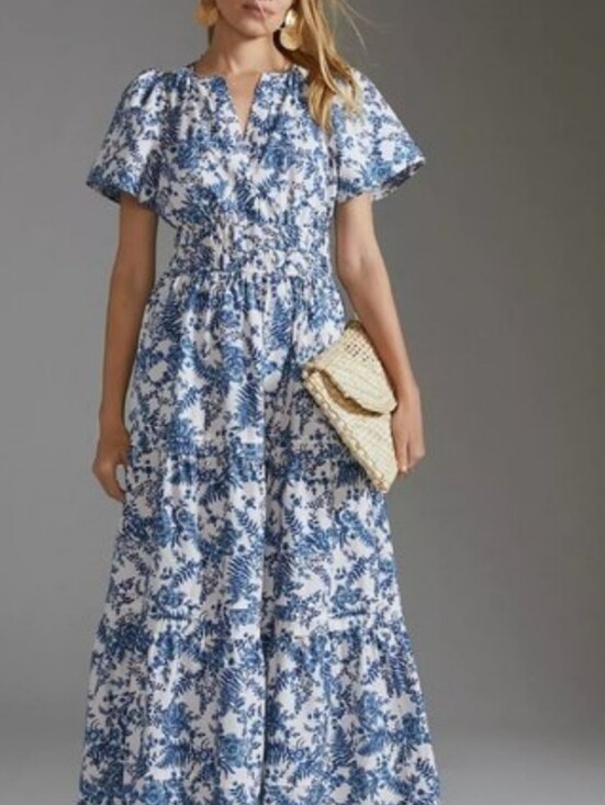 Anthropologie Dresses & Skirts - Maeve By Anthropologie 1X Somerset Maxi Dress  Blue Print 100% Cotton
